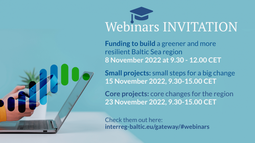 Plakat gdzie po angielsku opisano kiedy i jakie są webinary z Interreg RMB