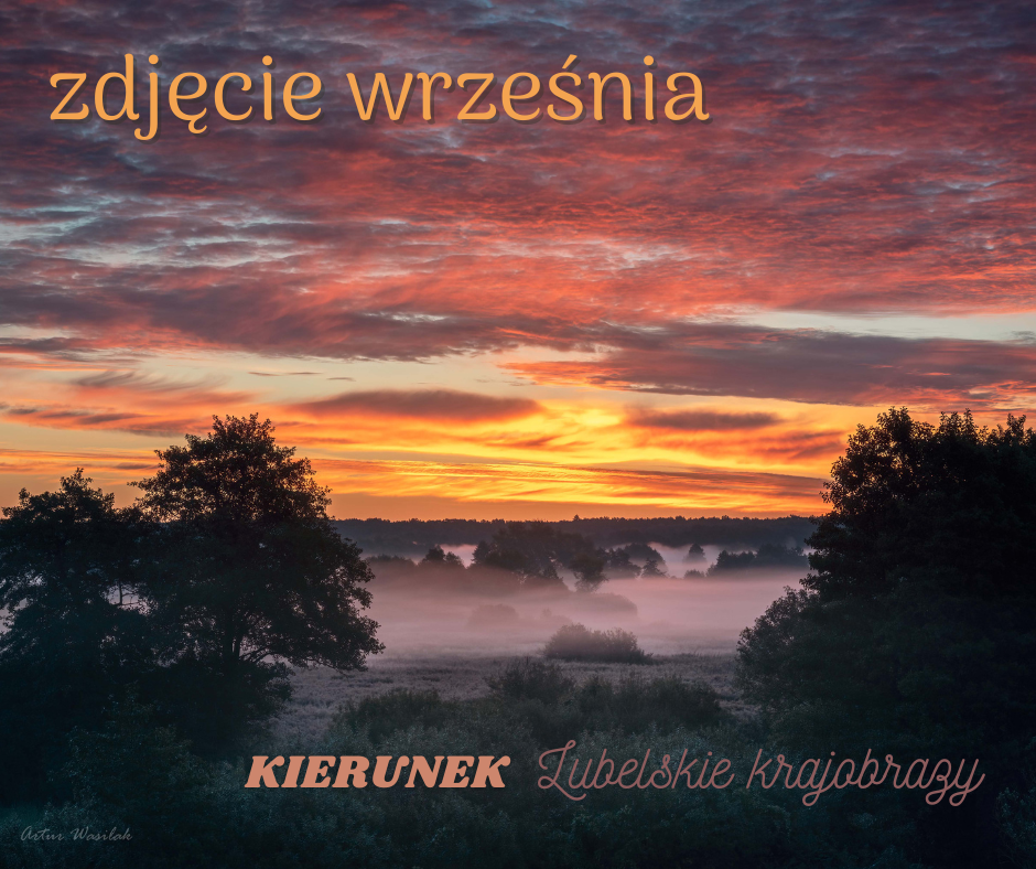 Widok wschodzącego słońca wśród kolorowych obłoków nad łąką pokrytą mgłą. Po bokach i w tle zarysy drzew i krzewów. Na górze napis "zdjęcie września", na dole "KIERUNEK lubelskie krajobrazy".