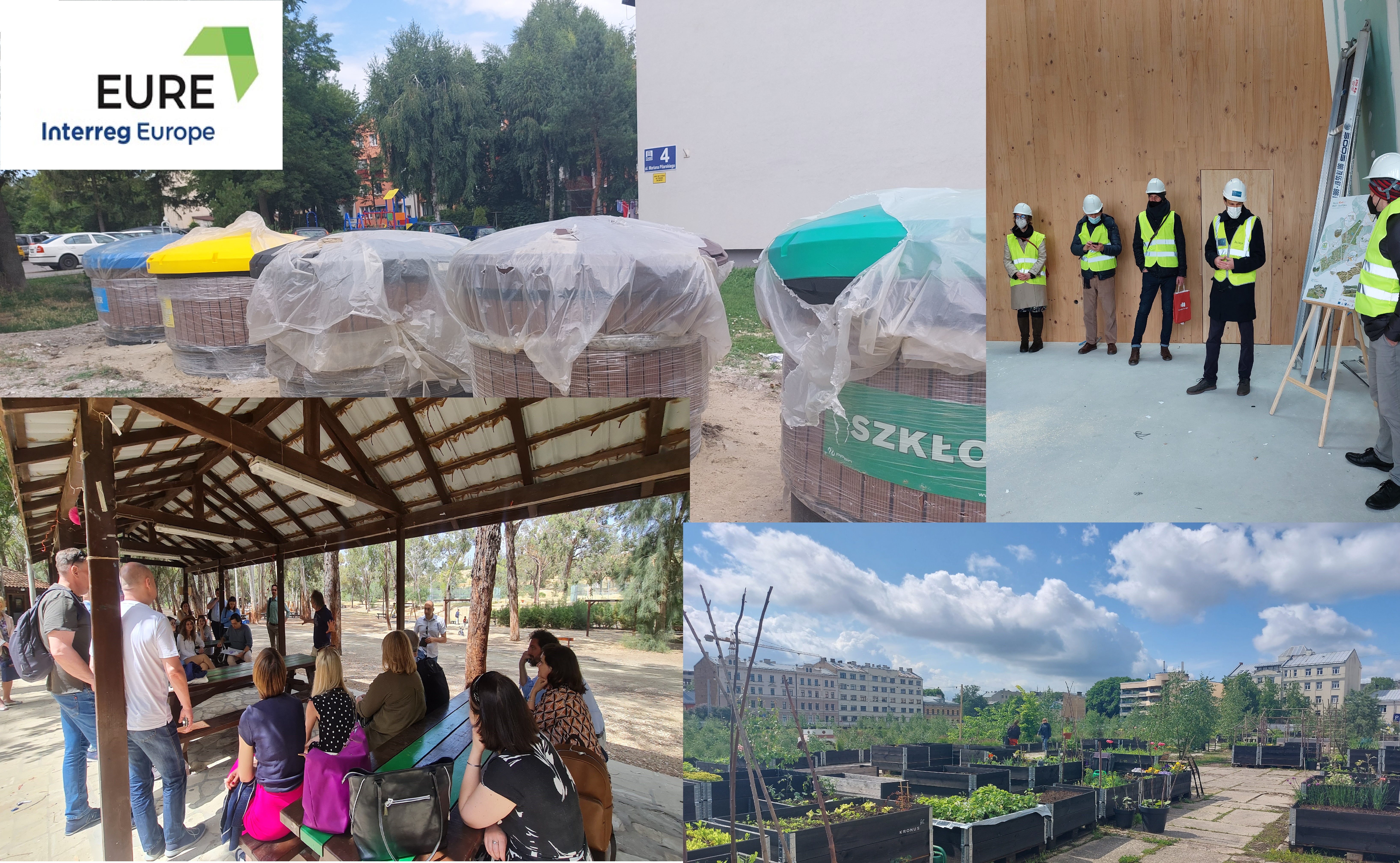 kolaż czterech zdjęć, na pierwszym w lewym górnym rogu kontenery do segregacji śmieci, na drugim uczestnicy wizysty studyjnej siedzący na ławkach w parku, na trzecim kilka osób w ochronnych kaskach i kami\elkach w budującym się drewniamym domu, w dolnym prawym rogu plac na którym stoją skrzynie wypełnione ziemią, w których posadzone są różne rośliny. W lewym górnym rogu logo proejktu EURE.