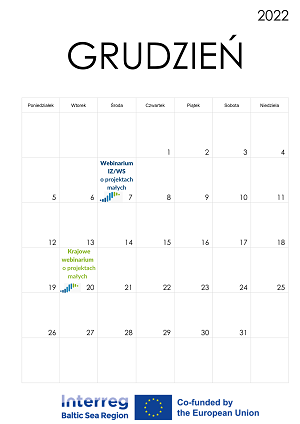 kartka z kalendarza grudzień gdzie zaznaczono wydarzenia z interreg BSR, na dole logo Programu