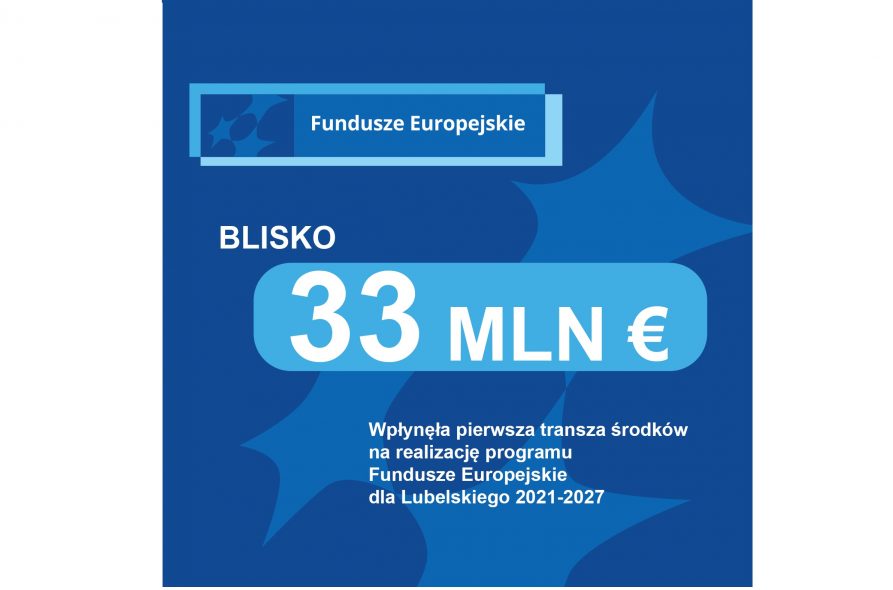 Slajd z informacją o wysokości pierwszego przelewu z Komisji Europejskiej