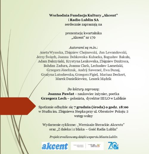 zaproszenie na prezentację 170 numeru kwartalnika Akcent