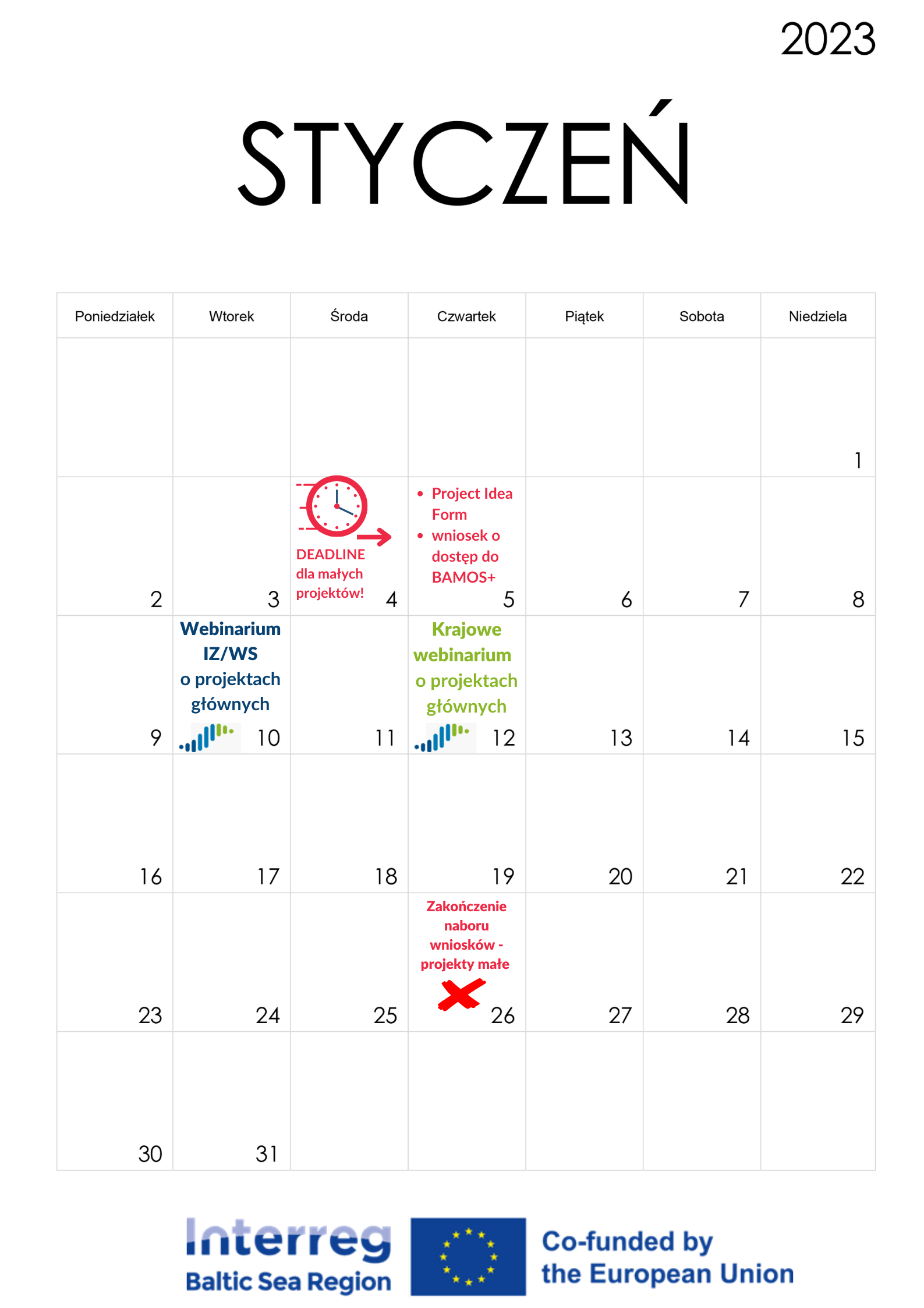 kartka z kalendarza styczeń z zaznaczonymi wydarzeniami o których mowa w tekście, na dole logo Programu Interreg BSR