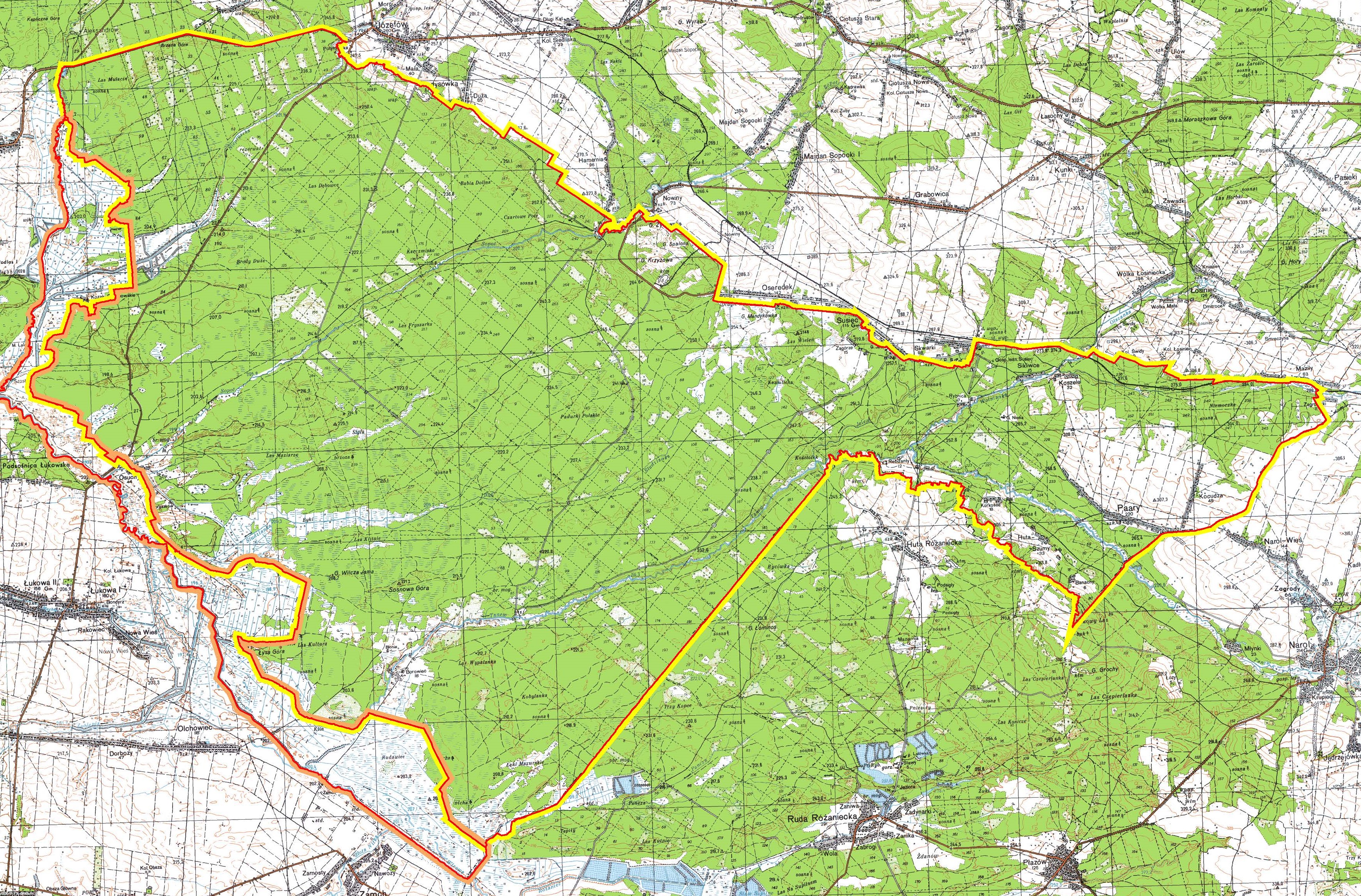 Fragment mapy z zaznaczonymi granicami parku