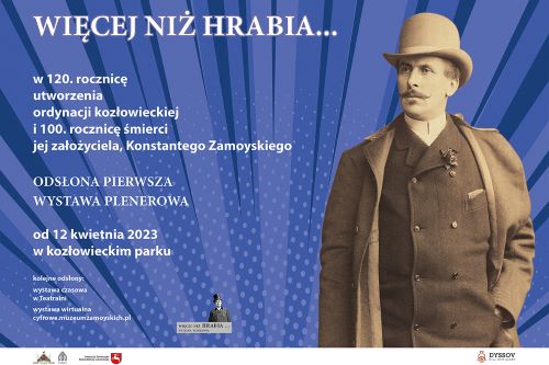 na niebieskim tle postać mężczyzny w sepii