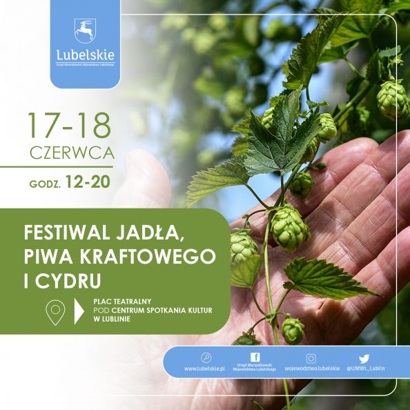 Grafika przedstawiająca dłoń trzymającą chmil. Festiwal jadła, piwa kraftowego i cydru, 17-18 czerwca 2023, Plac Teatralny CSK.