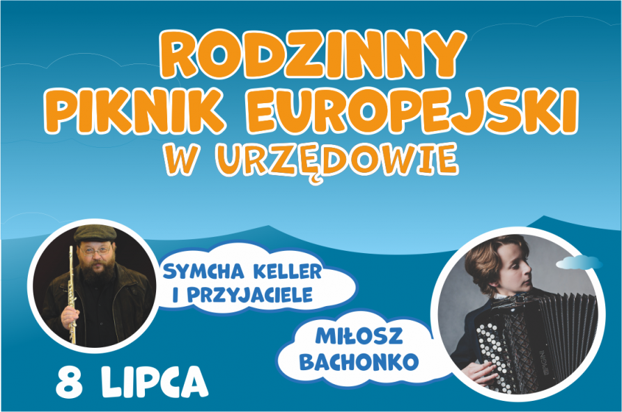 Grafika przedstawiająca dwóch muzyków i informację o planownym rodzinnym pikniku europejskim w Urzędowie