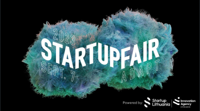 Grafika przedstawiająca kolorowy nieokreślony kształt przypominający chmurę i napis na niej Start up fair