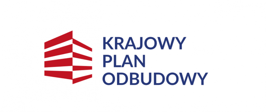 logotym Krajowy Plan Odbudowy. Granatowa nazwa z lewej strony czerwone białe pasy