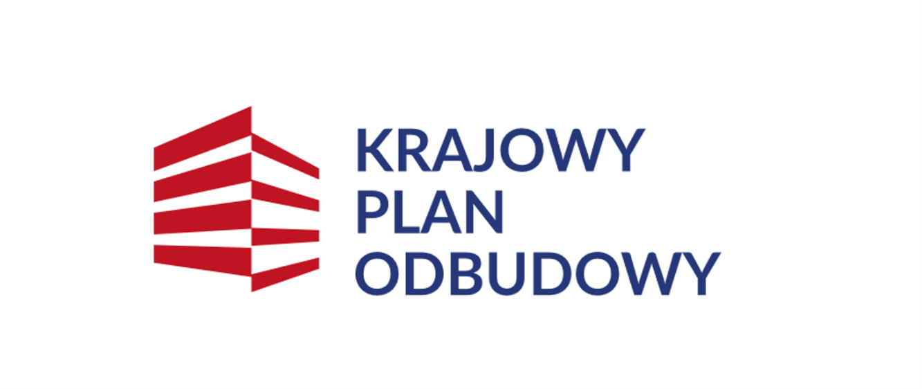 logotym Krajowy Plan Odbudowy. Granatowa nazwa z lewej strony czerwone białe pasy