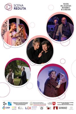 biały plakat w pięciu okręgach umieszczone są zdjęcia z fragmentów spektakli