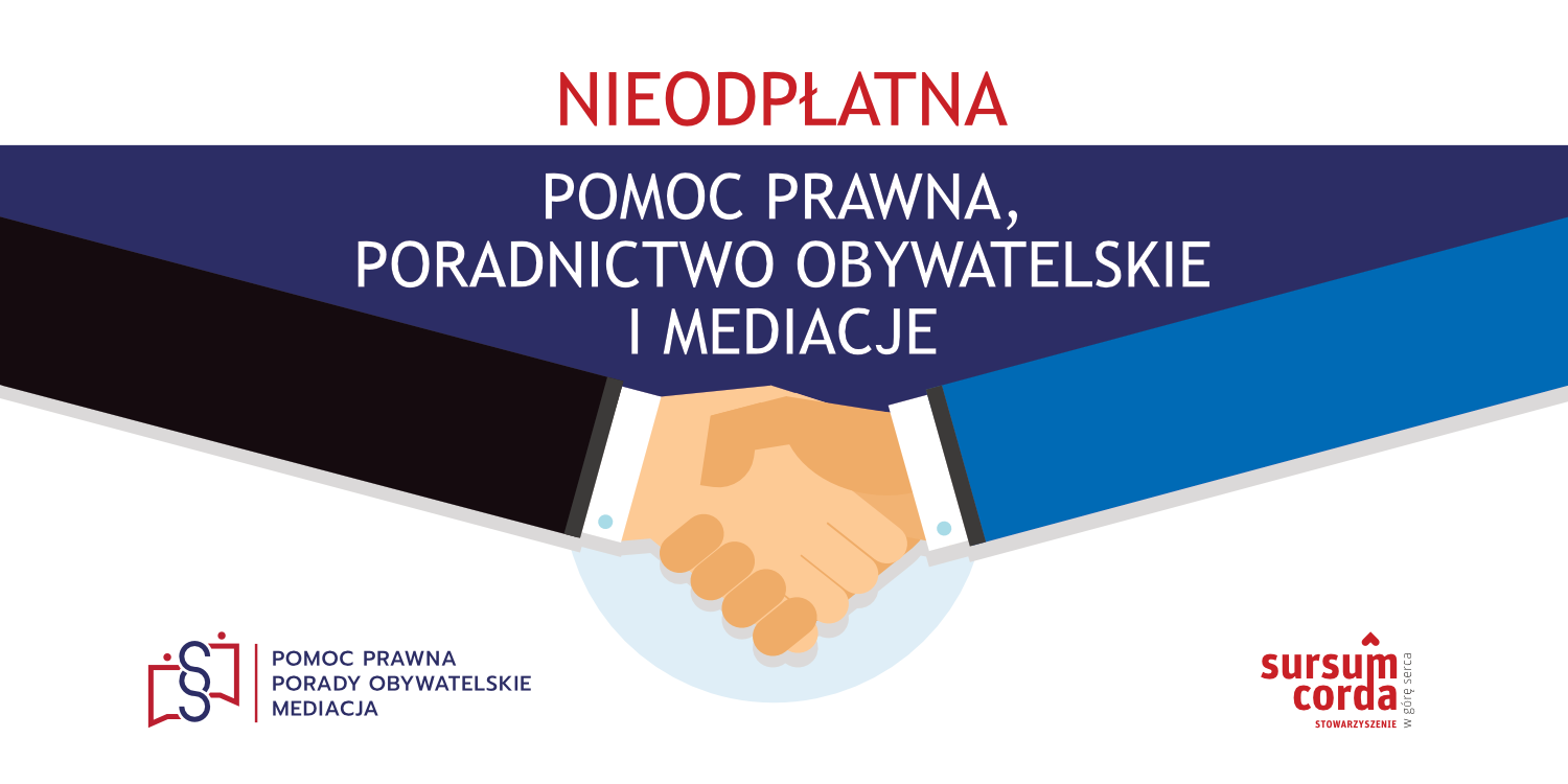 napis: nieodpłata pomoc prawna , poradnictwo obywatelskie i mediacje oraz dwie męskie ręce w uścisku