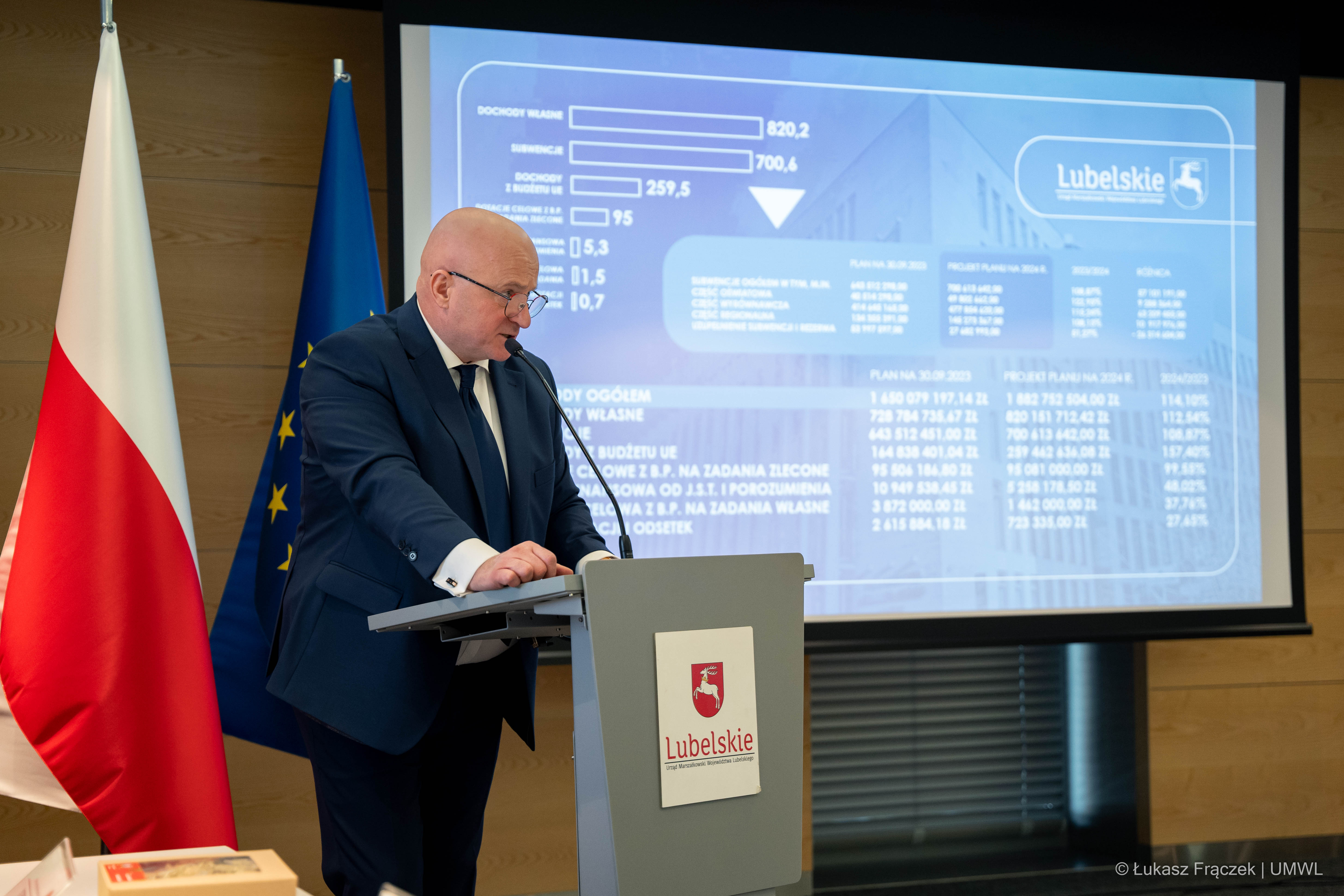 Marszałek Jarosław Stawiarski stoi przy mównicy, za nim na ekranie wyświetla się slajd dotyczący budżetu województwa