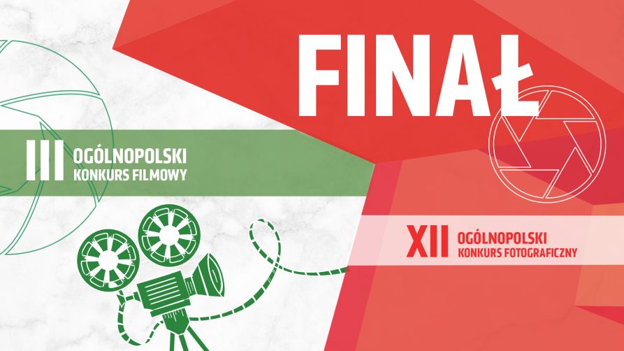 kamera i obiektyw aparatu oraz napisy: finał III ogólnopolski konkurs filmowt, XII ogólnopolski konkurs fotograficzny