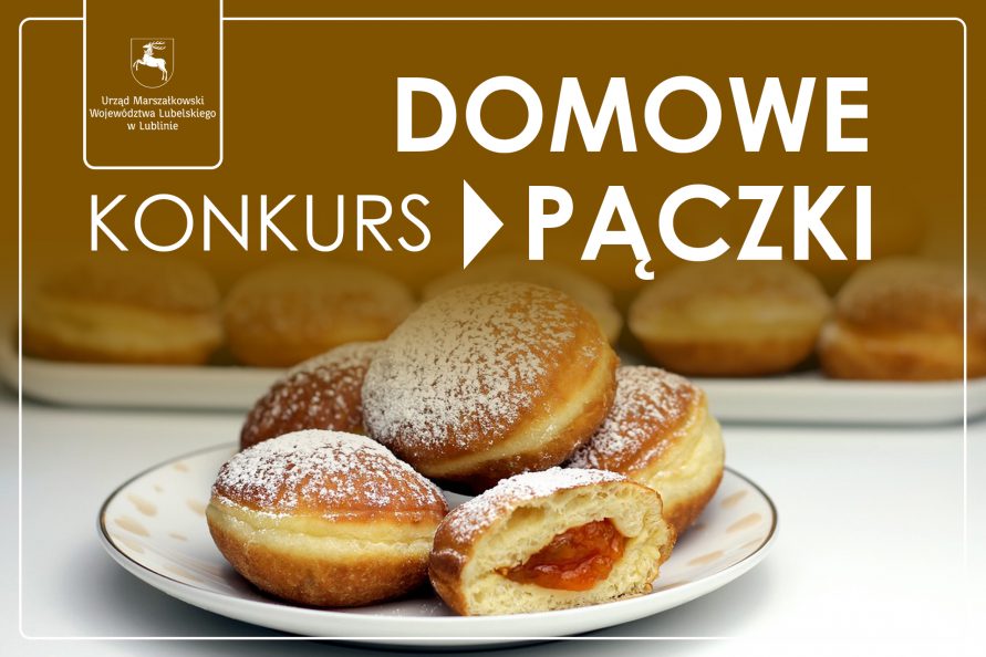 Na talerzu znajdują się pączki. Na tym tle widnieje napis Konkurs Domowe Pączki.