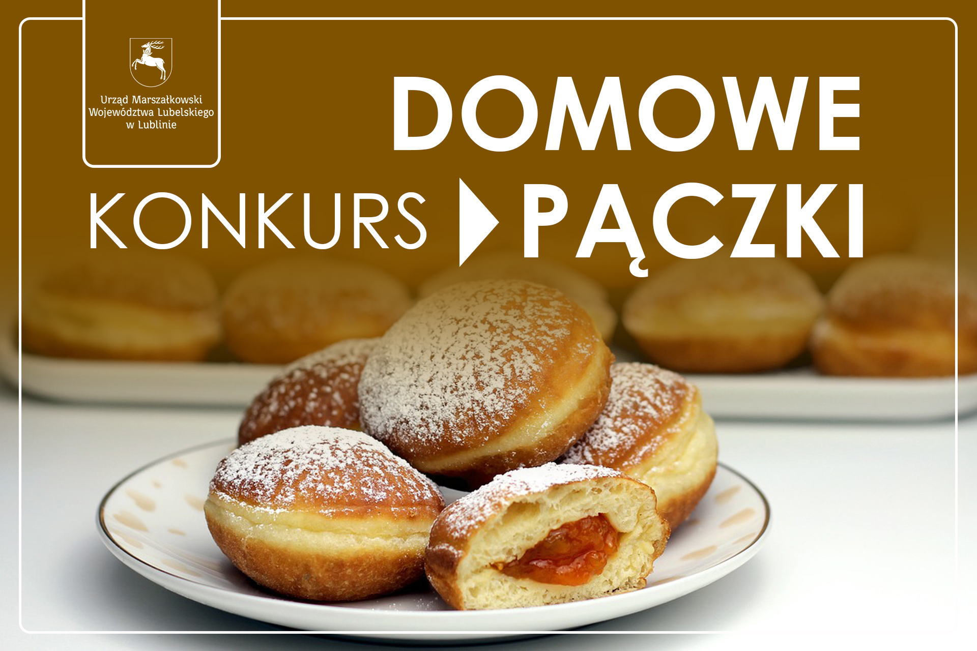 Na talerzu znajdują się pączki. Na tym tle widnieje napis Konkurs Domowe Pączki.