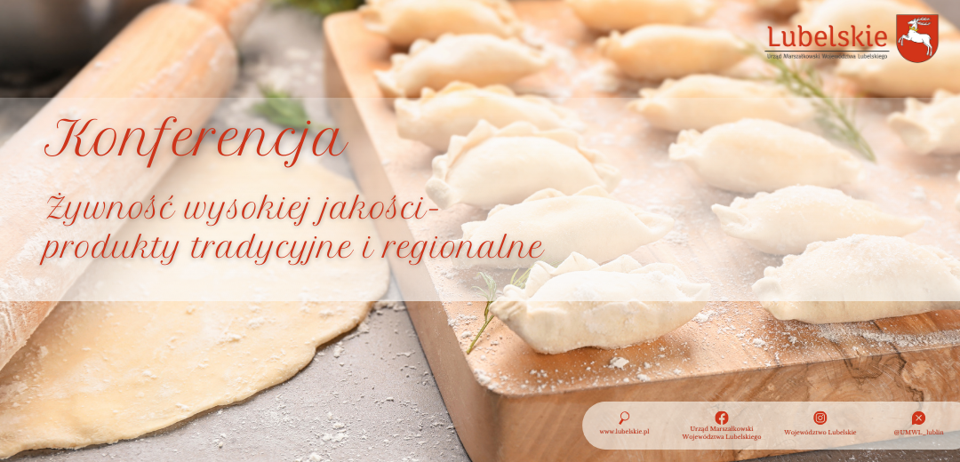 napis: Konferencja żywność tradycyjna na tle zdjęcia ze stolnicą i pierogami