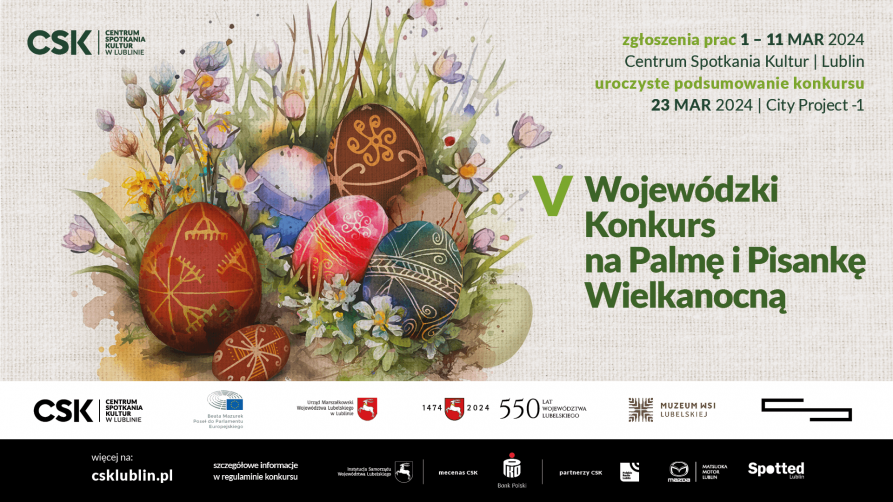 Pisanki wielkanocne i napis informujący o piątej edycji konkursu na wielkanocną palmę i pisanke