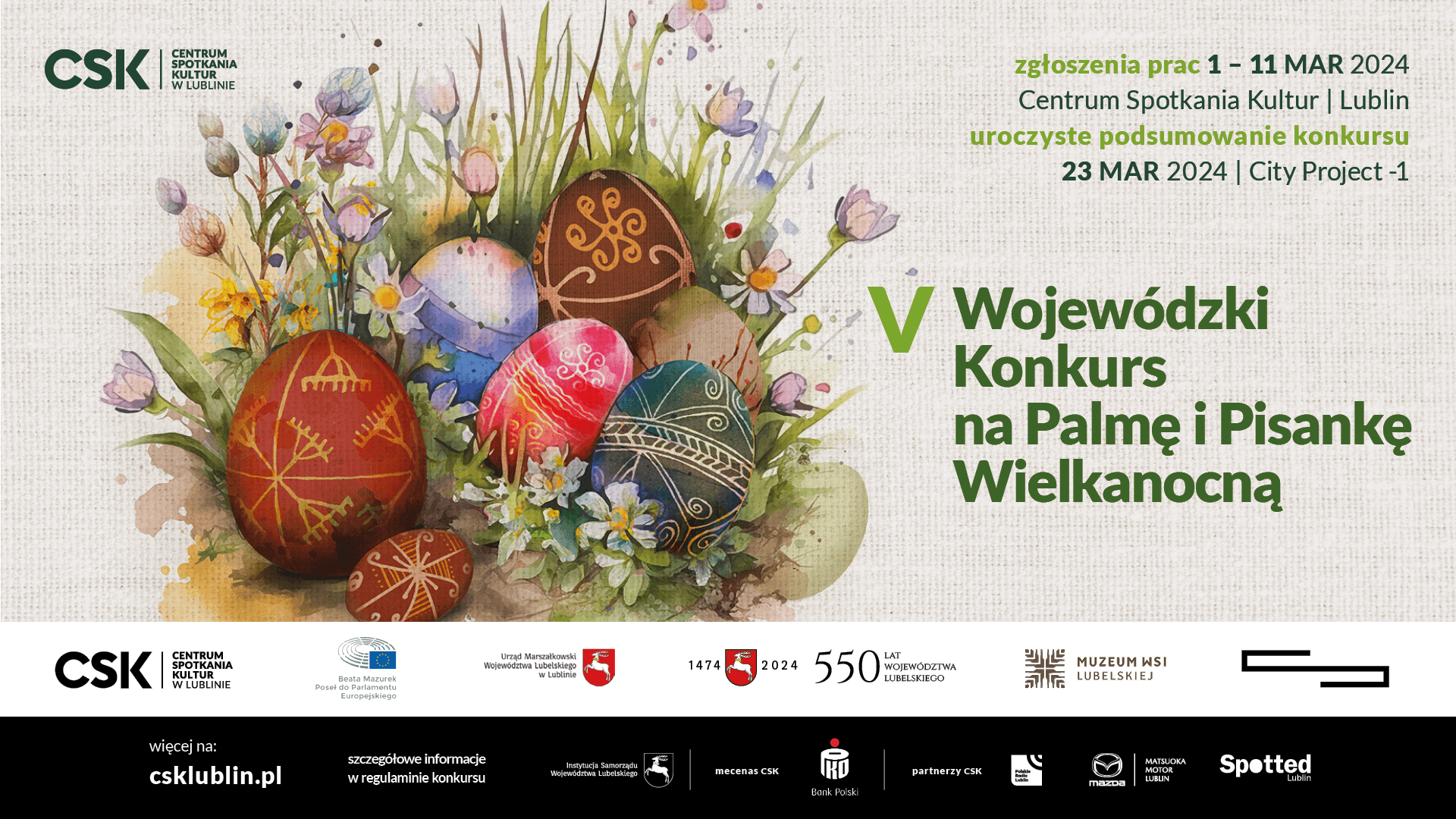 Pisanki wielkanocne i napis informujący o piątej edycji konkursu na wielkanocną palmę i pisanke