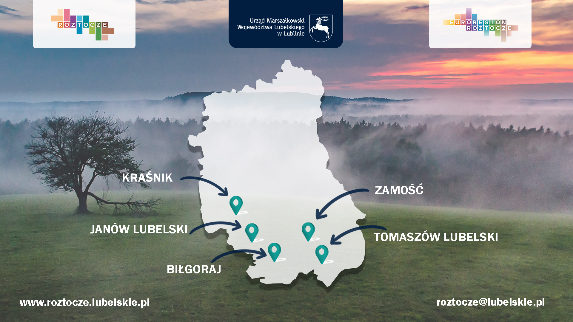 Krajobraz z polem i zachodzącym słońcem a na pierwszym planie mapka Roztocza