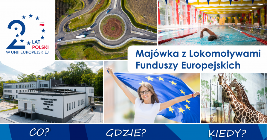 Plakat zapraszający na wydarzenia w regionie Lokomotywy Fundusze Europejskie