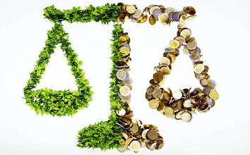 Symboliczny obrazek przedstawiający elementy zieleni oraz monety