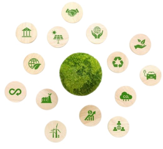 Symboliczna ilustracja przedstawiająca zielony globus ziemski w otoczeniu symboli przejścia na zieloną gospodarkę