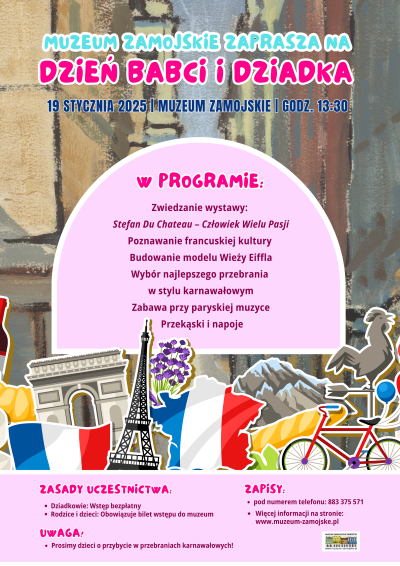 kolorowy plakat z wieżą Eifflea i flagą francji