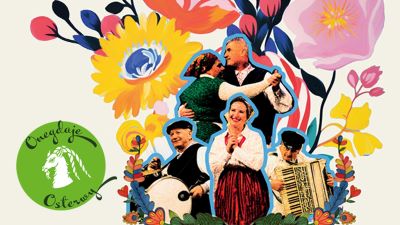 Kolaz cyfrowy na którym pojawiają się postacie muzyków ludowych i kolorowych kwiatów