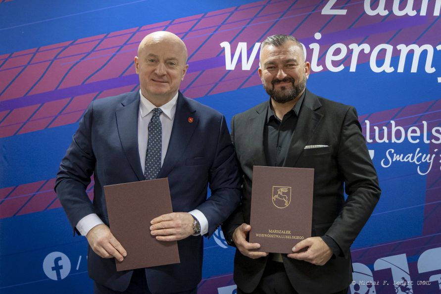 Jarosław Stawiarski marszałek województwa lubelskiego i Jarosław Kwasek członek zarządu województwa lubelskiego