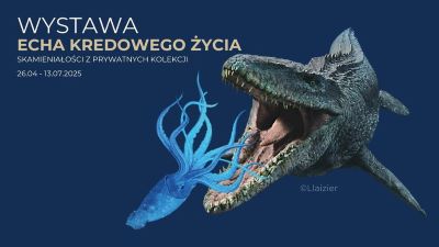 granatowe tło z napisem echa kredowego życia wizerunki prehistorycznych stworzeń