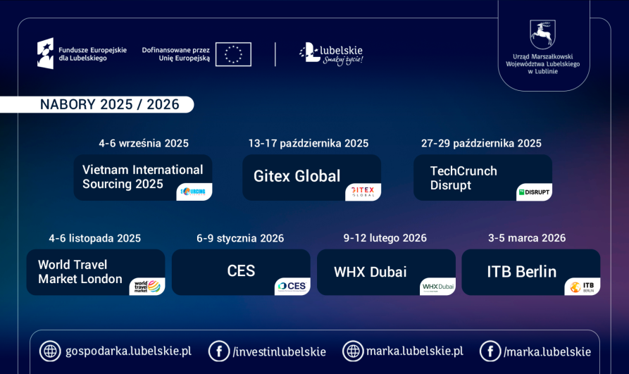 grafika na niebieskim tle przedstawia harmonogram misji gospodarczych w roku 2025 i 2026