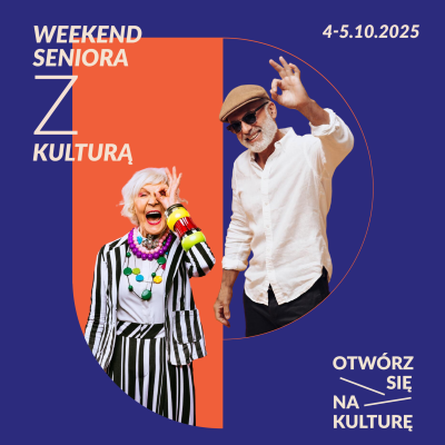 para seniorów na granatowym tle, napis weekend seniora z kulturą