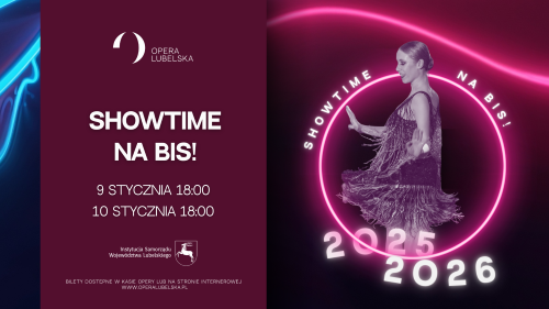 napis showtime na bordowym tle, obok tancerka