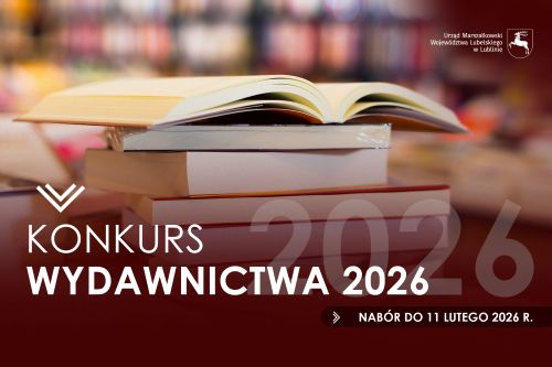 napis konkurs wydawnictwa na tle stosu książek